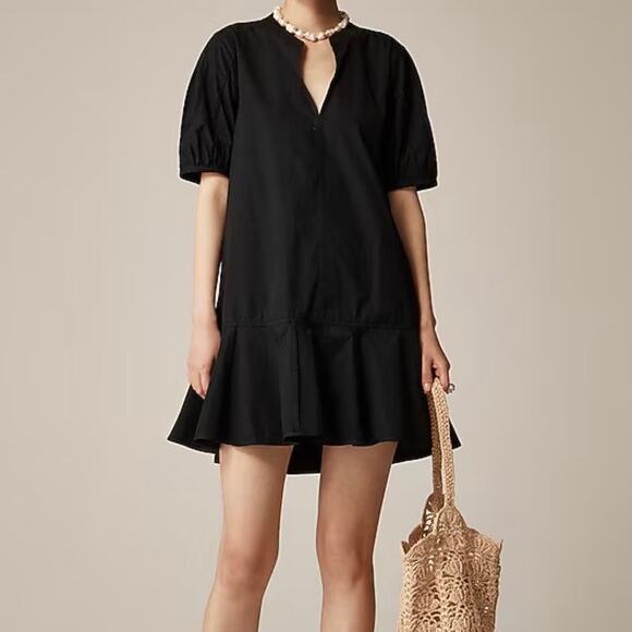 J Crew Women's Delilah Cotton Poplin Dress Medium Black Ruffle Hem - Picture 1 of 16